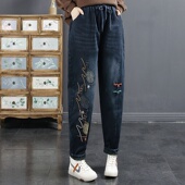 加厚女高腰黑色 直筒裤 牛仔加绒复古文艺加绒刺绣牛仔裤 女冬季