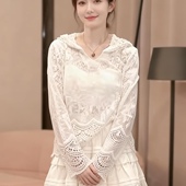 连帽蕾丝边上衣女拼接气质百搭重工镂空钩花蕾丝衫 2025年冬季 新款