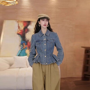 洋气收腰蓝色荷叶边衬衫牛仔外套女2025春新款轻奢高级感减龄上衣