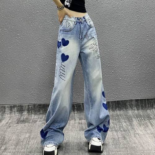 帅气撞色手绘印花垂感牛仔裤女春新款高腰宽松显瘦百搭直筒阔腿裤