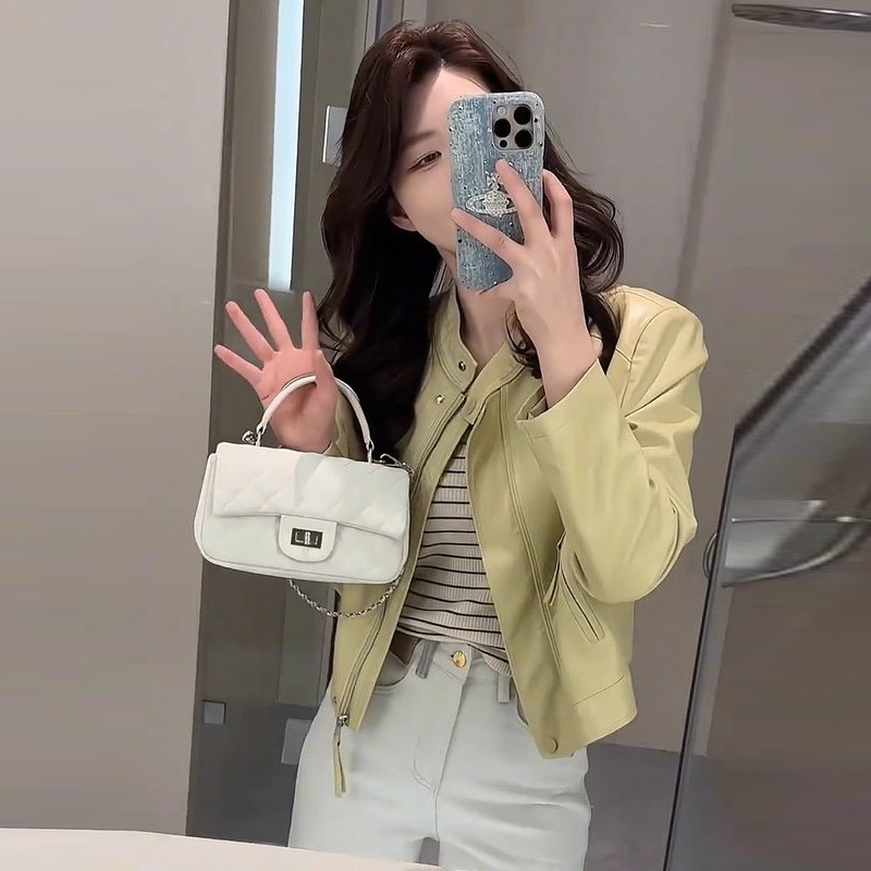 春季新款气质显瘦纯色外套设计感小众长袖气质拉链口袋皮衣外套女