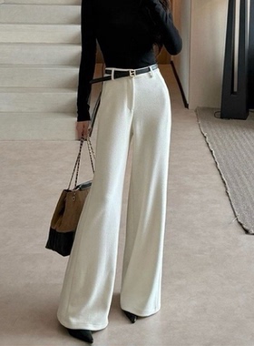 韩系轻奢高级感白色毛呢阔腿裤女冬季高腰显瘦加厚休闲西装直筒裤