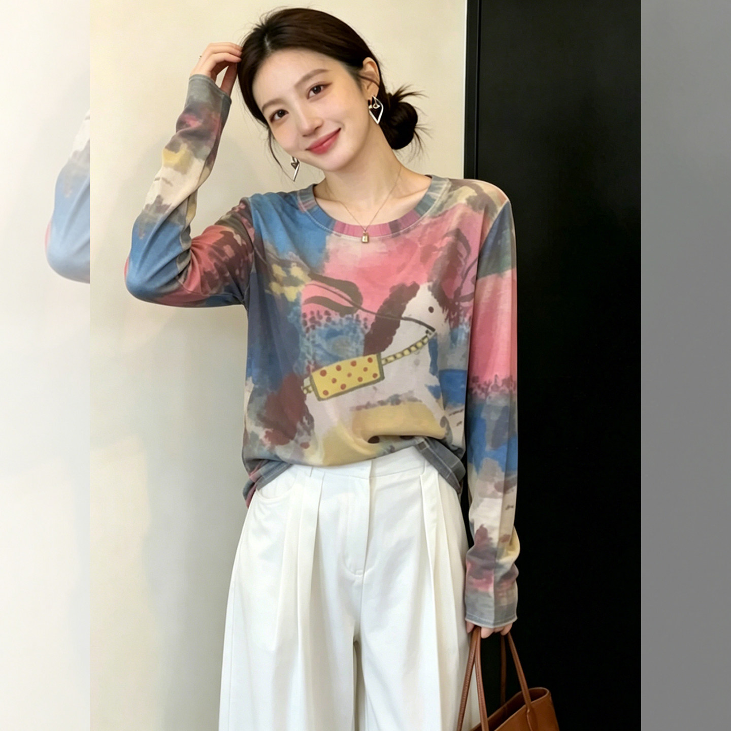 高级感扎染网纱T恤女2026年新款防晒罩衫卡通小马印花防嗮打底衫