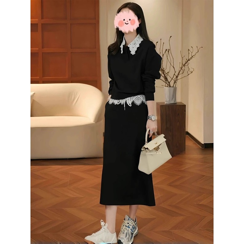 蕾丝拼接灰色卫衣休闲减龄套装裙女2025秋季绝美独特设计两件套潮