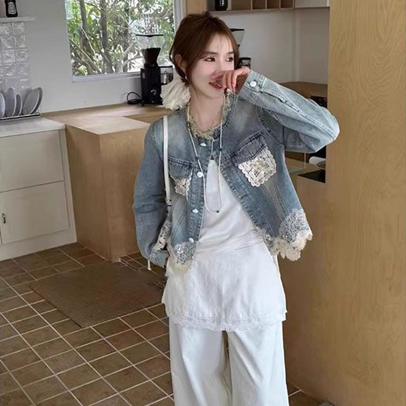 复古蕾丝钩花牛仔外套女春季