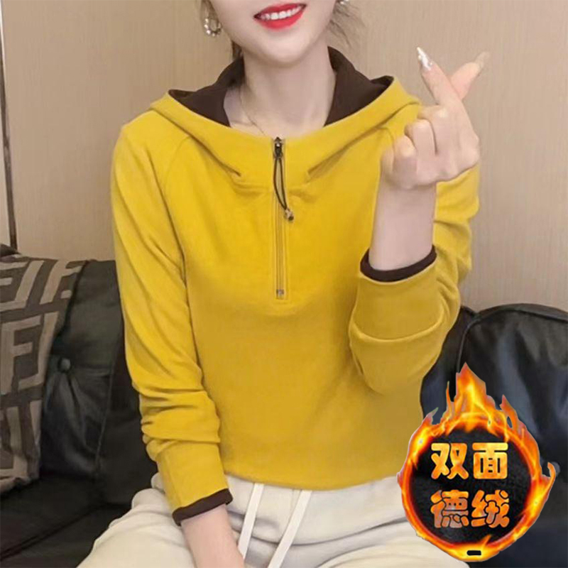 秋冬季新款双面德绒拼色T恤女时尚连帽半拉链叠穿百搭上衣打底衫