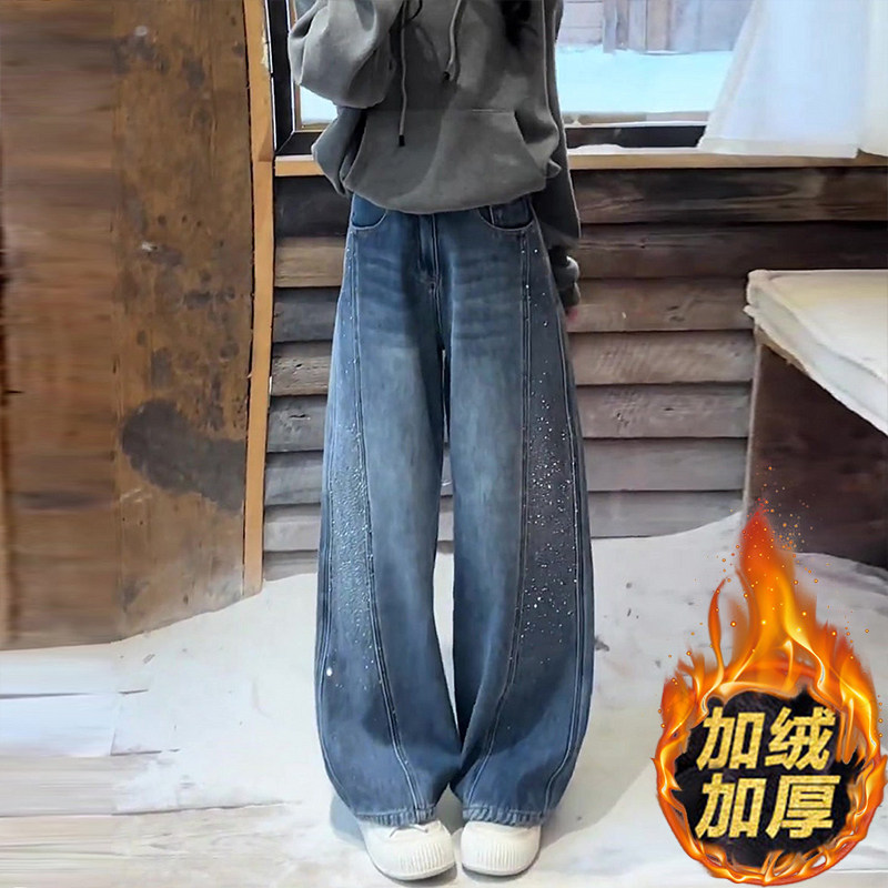 蓝色烫钻加绒阔腿牛仔裤女2026春季新款设计感垂感显瘦百搭弯刀裤,女装/女士精品,牛仔裤,淘宝优惠券,粉丝福利购,淘宝优惠卷