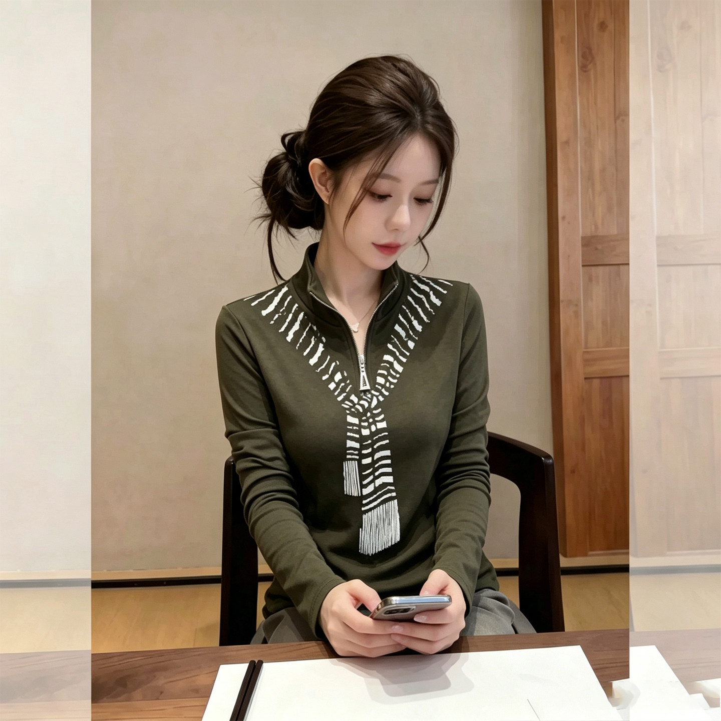 2026早秋季新款韩系休闲半拉链翻领长袖上衣女显瘦百搭打底衫T恤