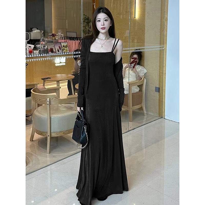 气质法式高级感吊带连衣裙2024年秋装新款早秋长裙裙子两件套女装