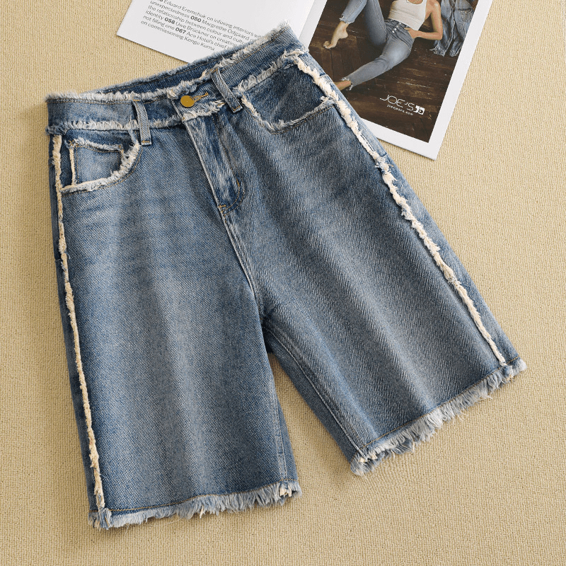 牛仔毛边短裤女夏季2024年新款高腰显瘦阔腿休闲小个子五分裤爆款