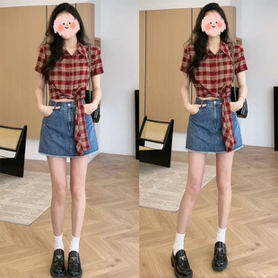 套装 2025夏季 通勤百搭显瘦牛仔短裙裤 港风活力复古红格短袖 女 衬衫