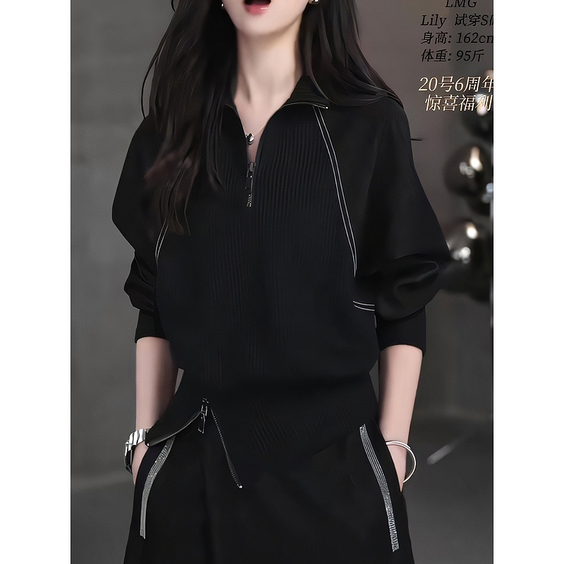 欧洲站2025早春新款短款休闲卫衣高级感黑色半开领长袖针织衫女士