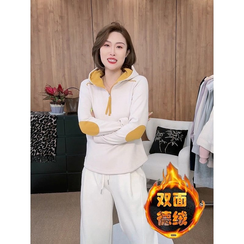 双面德绒保暖打底衫上衣秋冬韩版设计感时尚拼色连帽半拉链卫衣女