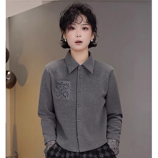 韩系复古蕾丝拼接翻领长袖衬衫女秋冬轻奢高级感磨毛内搭打底上衣