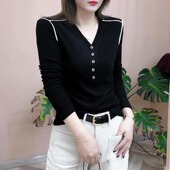 时尚 打底衫 女双面德绒长袖 2024秋冬季 修身 T恤纯色V领洋气百搭上衣