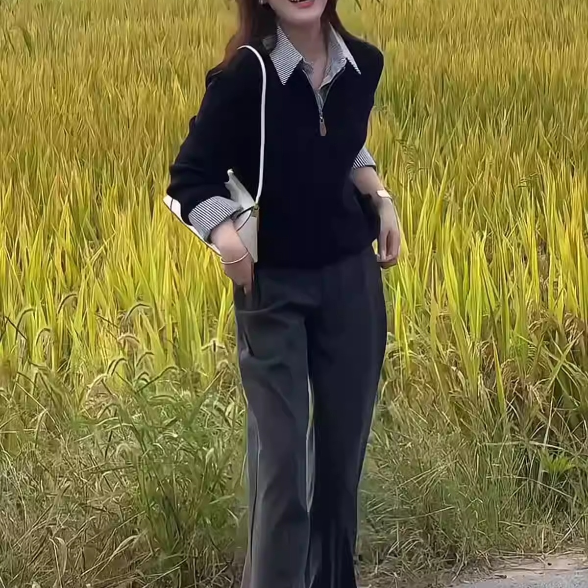 黑色假两件拼接长袖翻领衬衫女春秋气质小众遮肉显瘦休闲百搭上衣