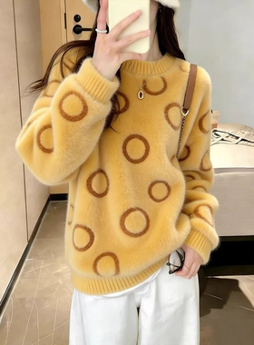 淑女风圆点毛衣女2026年冬季新款宽松圆领长袖软糯针织衫黄色上衣