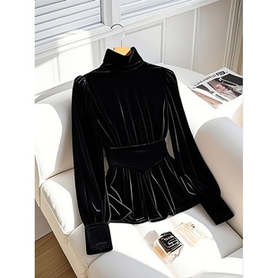 轻奢高级感独特超好看黑色内搭丝绒衬衫上衣冬今年流行的漂亮小衫