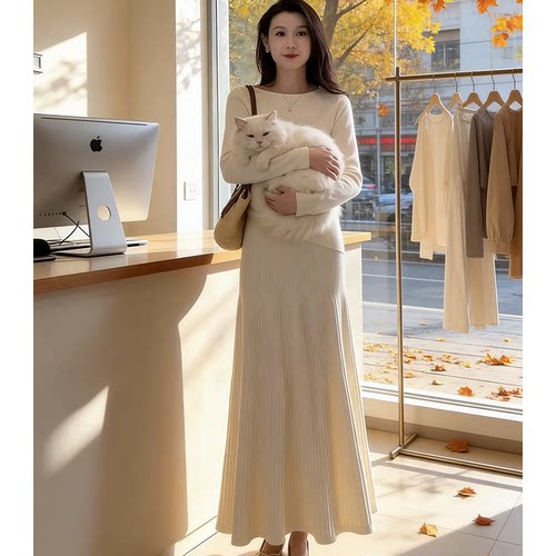 温柔风休闲针织长袖上衣半身裙套装女2026冬季新款气质显瘦两件套