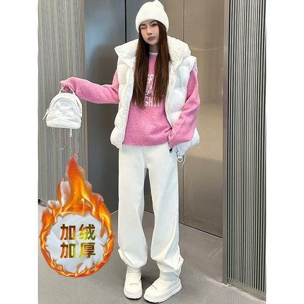 小马刺绣窄版显瘦直筒加绒加厚牛仔裤女2024秋冬季新款高腰阔腿裤