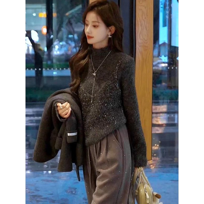 2025早春季新款时尚亮片假两件针织毛衣女洋气半高领显瘦别致上衣