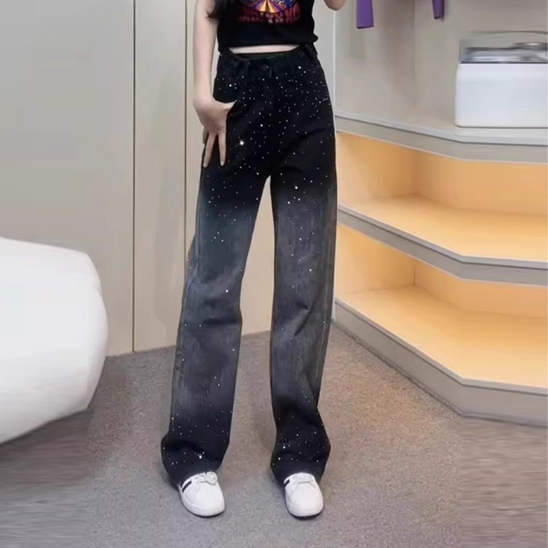 设计感渐变阔腿牛仔裤女2025年春季高腰小个子黑色显瘦直筒拖地裤