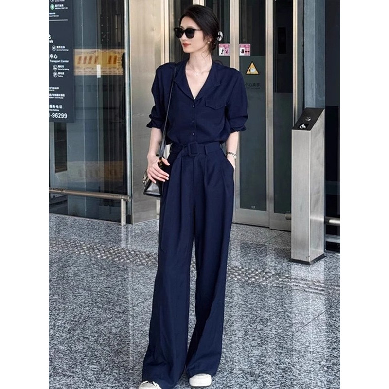 夏季减龄一整套穿搭女2026新款v领通勤衬衫时尚休闲阔腿裤两件套