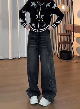 黑灰色复古烫钻阔腿牛仔裤女2026春季新款宽松梨形身材显瘦弯刀裤