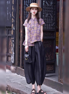 国风2025新款女装夏日气质小衫中式减龄紫色印花盘扣短袖上衣衬衫