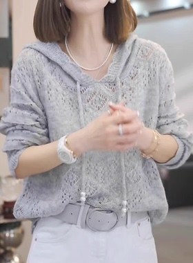 灰色高级感连帽针织衫女士2025冬季新款时尚气质重工长袖毛衣帽衫