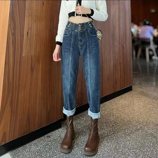 小众设计感宽松哈伦老爹裤 加绒新款 女2023秋冬季 三排扣高腰牛仔裤