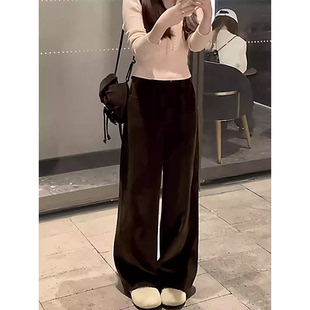 女 直筒阔腿休闲裤 美拉德灯芯绒加绒2025新款 秋冬咖啡棕色条绒窄版