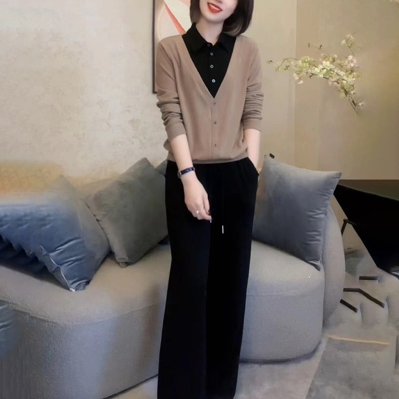 2024年假两件长袖衬衫领上衣休闲套装秋季新款时尚百搭减龄两件套