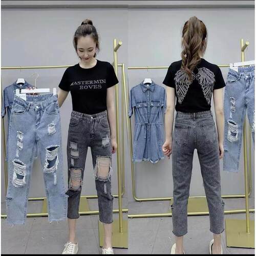 春夏新款小个子破洞高腰胖mm