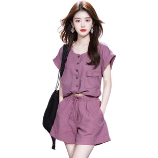 韩剧女主穿搭小香风职业紫色衬衫短裤两件套装女夏休闲气质小个子