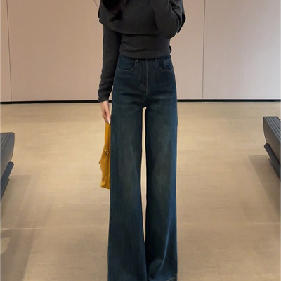 复古蓝加绒高腰微喇牛仔裤女2025年冬季新款小个子窄版直筒喇叭裤