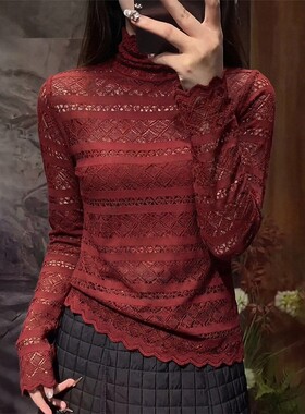 新年红色高领长袖打底衫女2026春秋季新款高级感镂空修身显瘦上衣