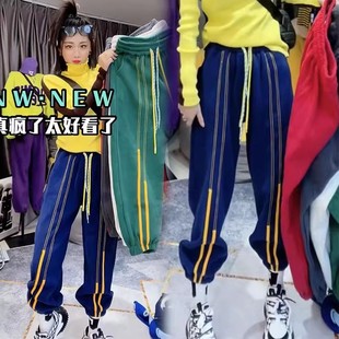 新款 加绒加厚百搭卫裤 休闲韩版 显瘦哈伦裤 女 拼接束脚裤 2025秋冬季