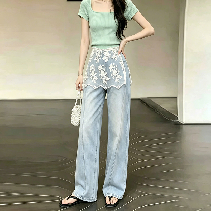 假两件蕾丝拼接阔腿弯刀牛仔裤女图片