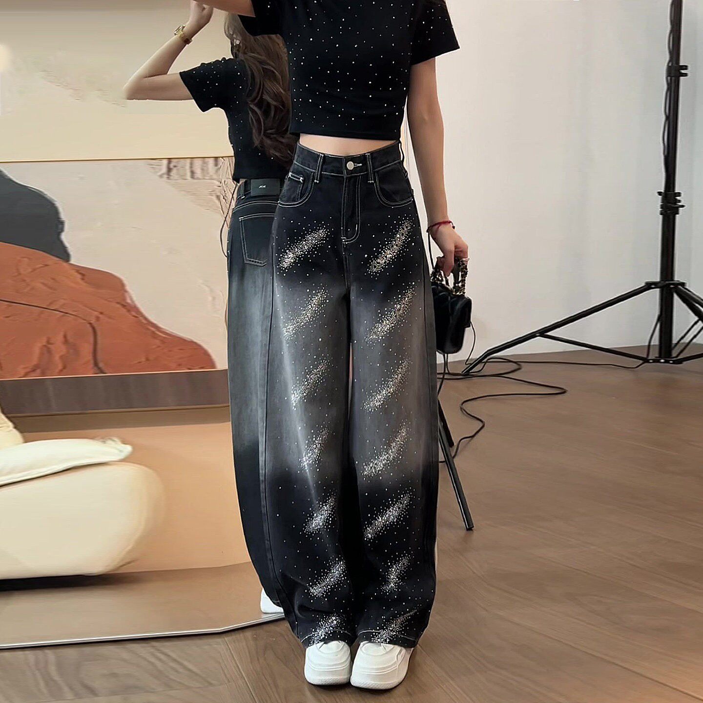 黑色渐变设计烫钻弯刀牛仔裤女2026夏季新款小个子高腰显瘦阔腿裤