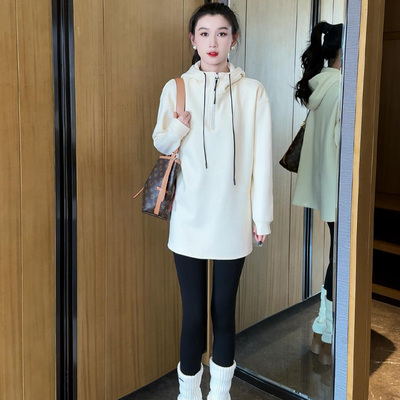 2025春季新款半拉链中长款连帽加绒卫衣女宽松设计感开叉长袖上衣