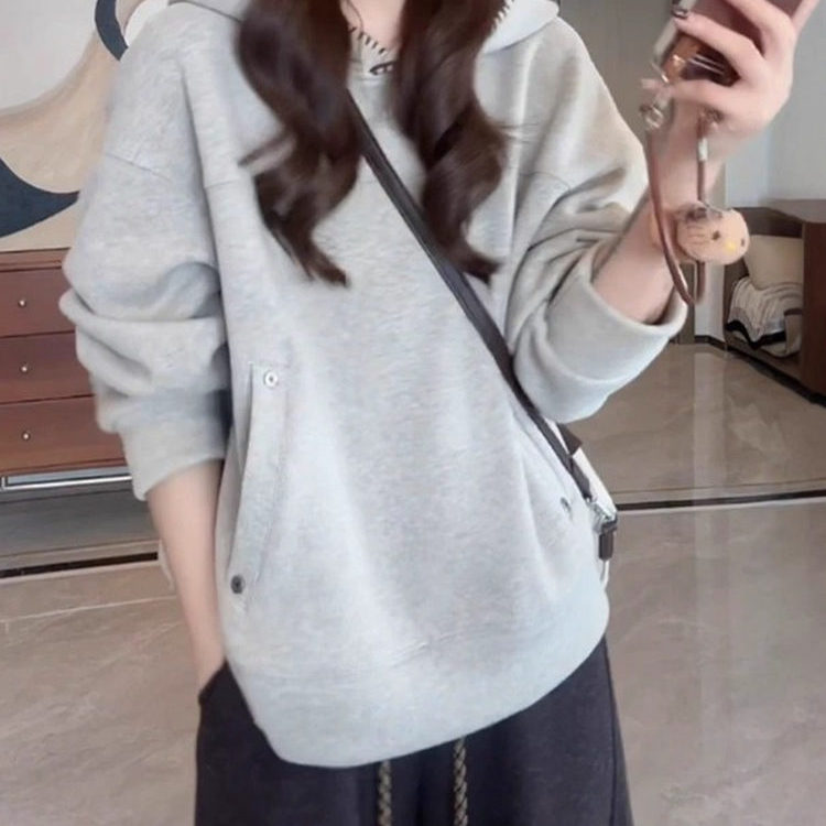 韩系时尚加绒加厚连帽卫衣女秋冬小个子百搭宽松撞色外穿帽衫上衣