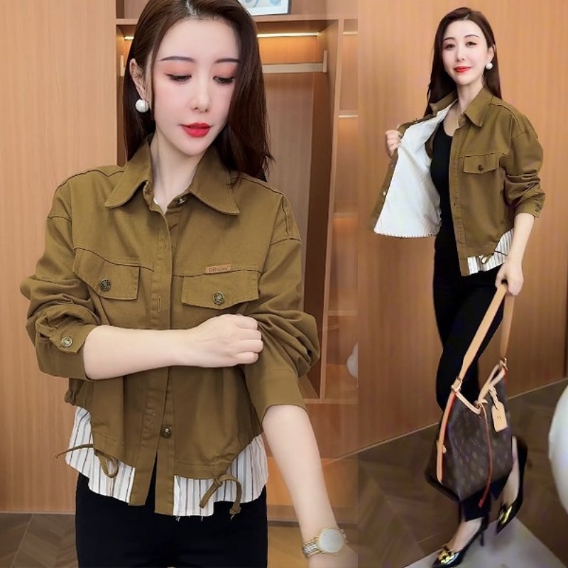 ins潮拼接撞色Polo领衬衫女装设计感开衫外套2024春秋季新款上衣