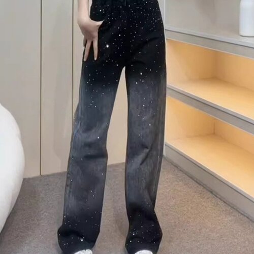 设计感渐变阔腿牛仔裤女2026年夏季高腰小个子黑色显瘦直筒拖地裤