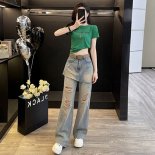 做旧假两件破洞微喇叭牛仔裤女2026夏季高腰个性屁帘修身显瘦裤子