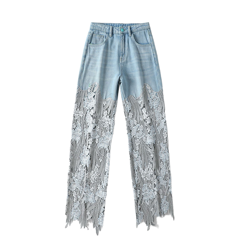 高腰阔腿裤2025年新款百搭镂空蕾丝拼接牛仔垂感裤子女宽松直筒裤