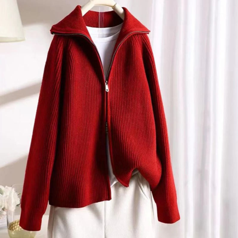 半高领拉链慵懒风毛衣外套女秋冬季2024年新款设计感针织开衫上衣