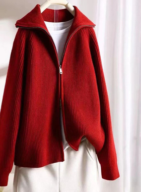 半高领拉链慵懒风毛衣外套女秋冬季2024年新款设计感针织开衫上衣