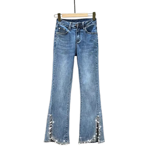 烫钻开叉时尚钉珠牛仔裤2024新款重工修身高腰喇叭微喇裤牛仔裤女