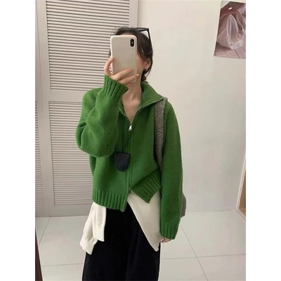 2024慵懒风毛衣外套女秋冬新款韩系简约宽松立领拉链针织开衫上衣